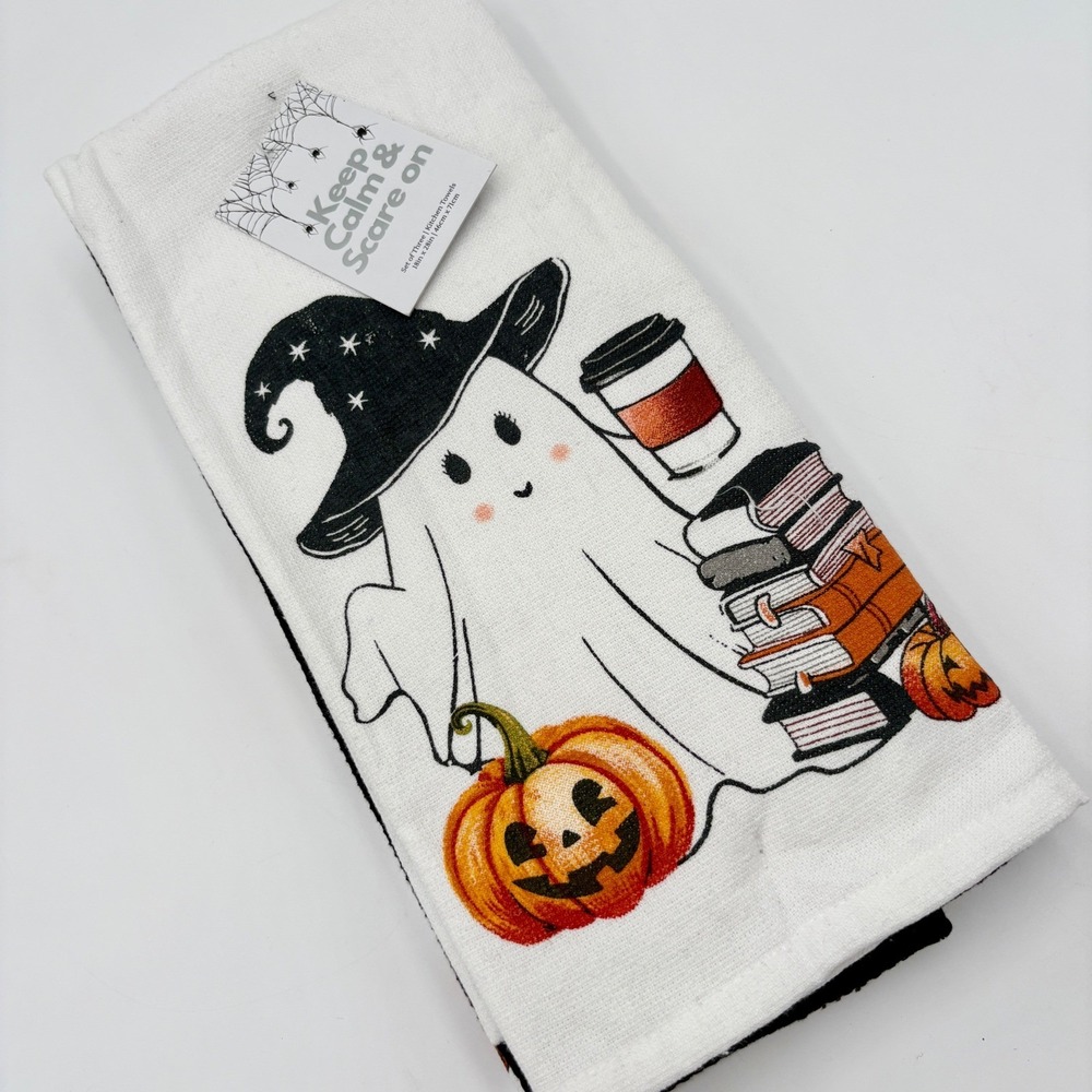 Halloween Ghost Kitchen 3pack Towels Witch Pumpkin Coffee Books Fall Decor